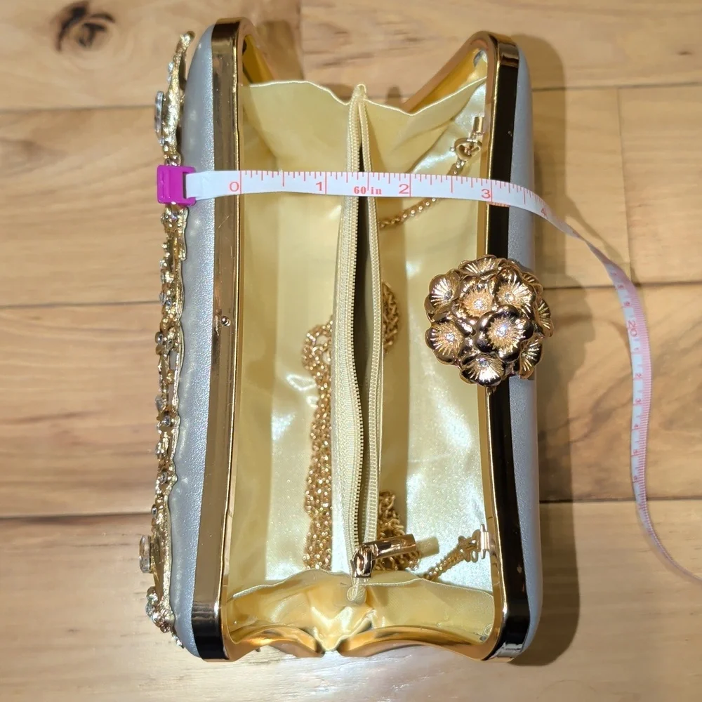 Silver Leather Clutch With Gold And Crystal Floral Embellishments